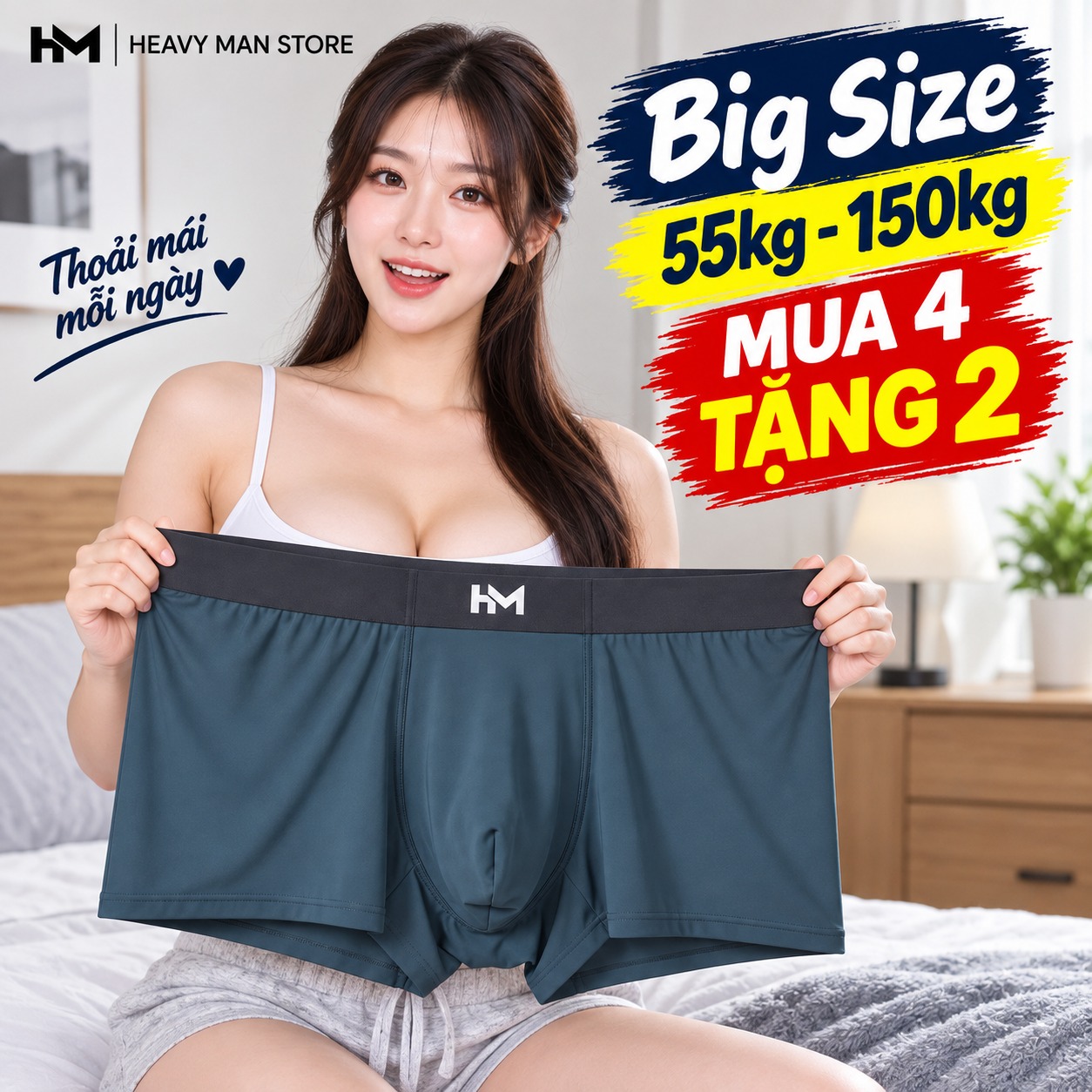 Quần sịp nam Big Size HM Heavy Man — Big Size 55–150kg, Mua 4 Tặng 2